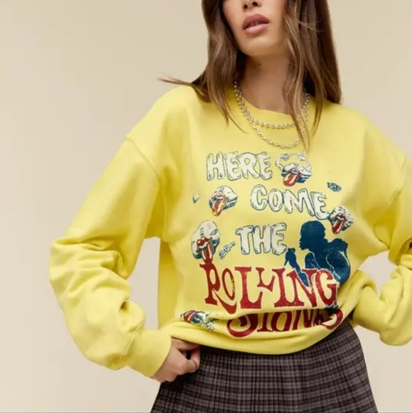 Daydreamer Tops - Daydreamer New Here Comes the Rolling Stones Crew Yellow Sweatshirt SZ Large